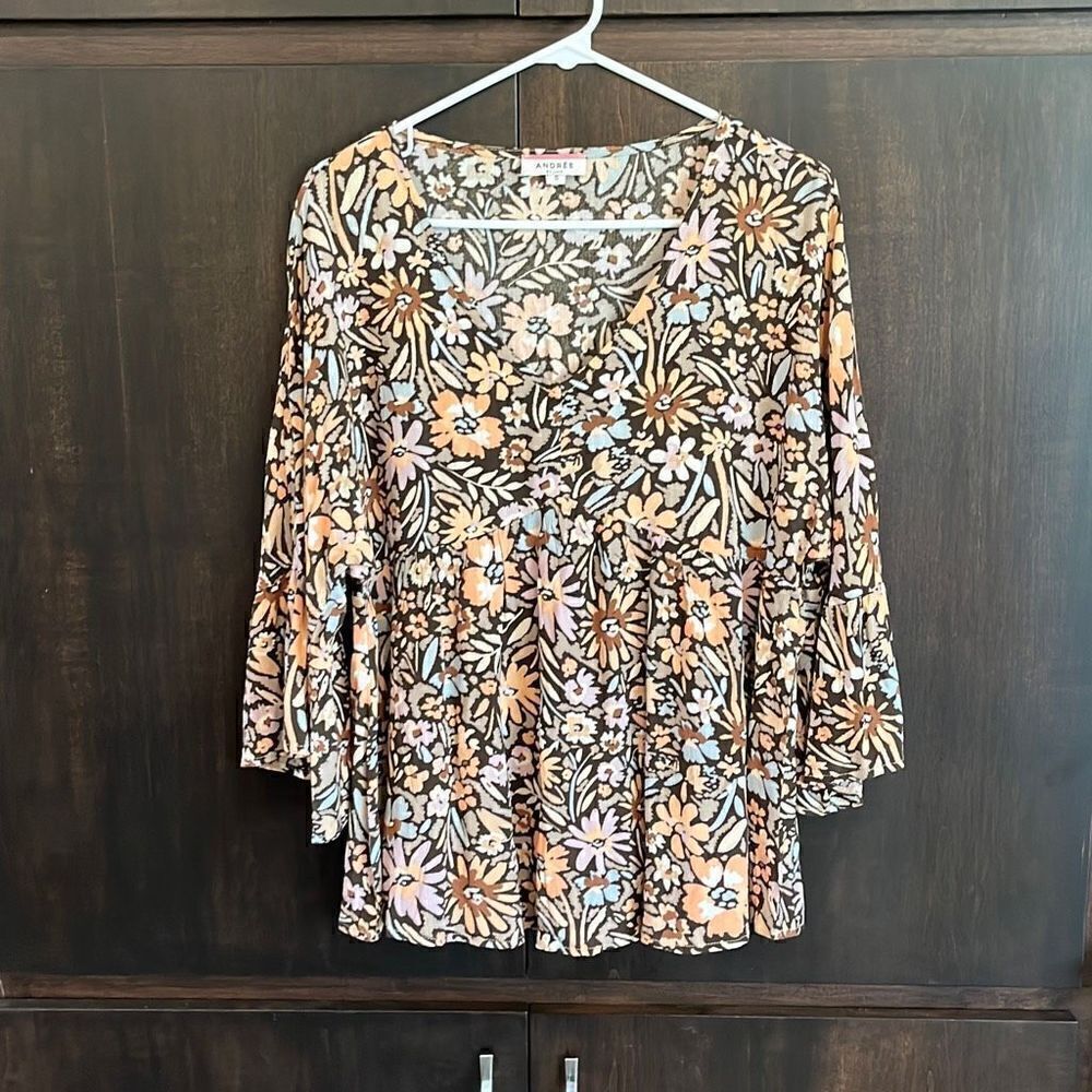 Andree By Unit Brown Blue Boho Bell Sleeve Top Size Small